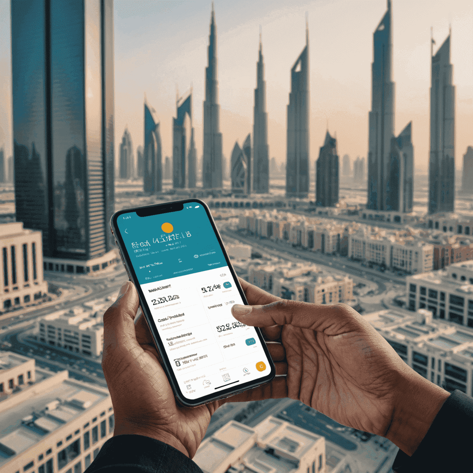 A person using a smartphone to top up their mobile phone credit using the scheduleplanner app, with a UAE cityscape in the background